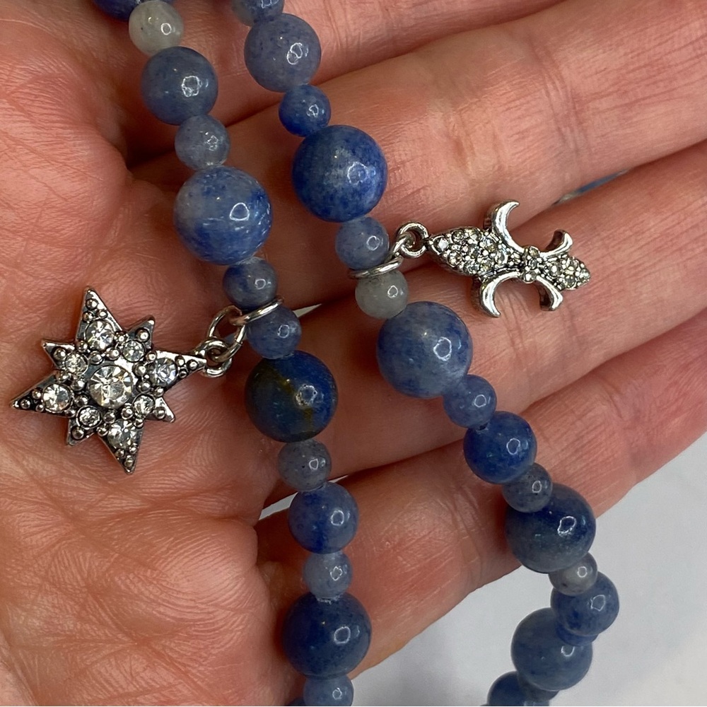 WHBM Blue Necklace Aventurine Stone Beaded Rhinestone Key Charm Long - Picture 13 of 14